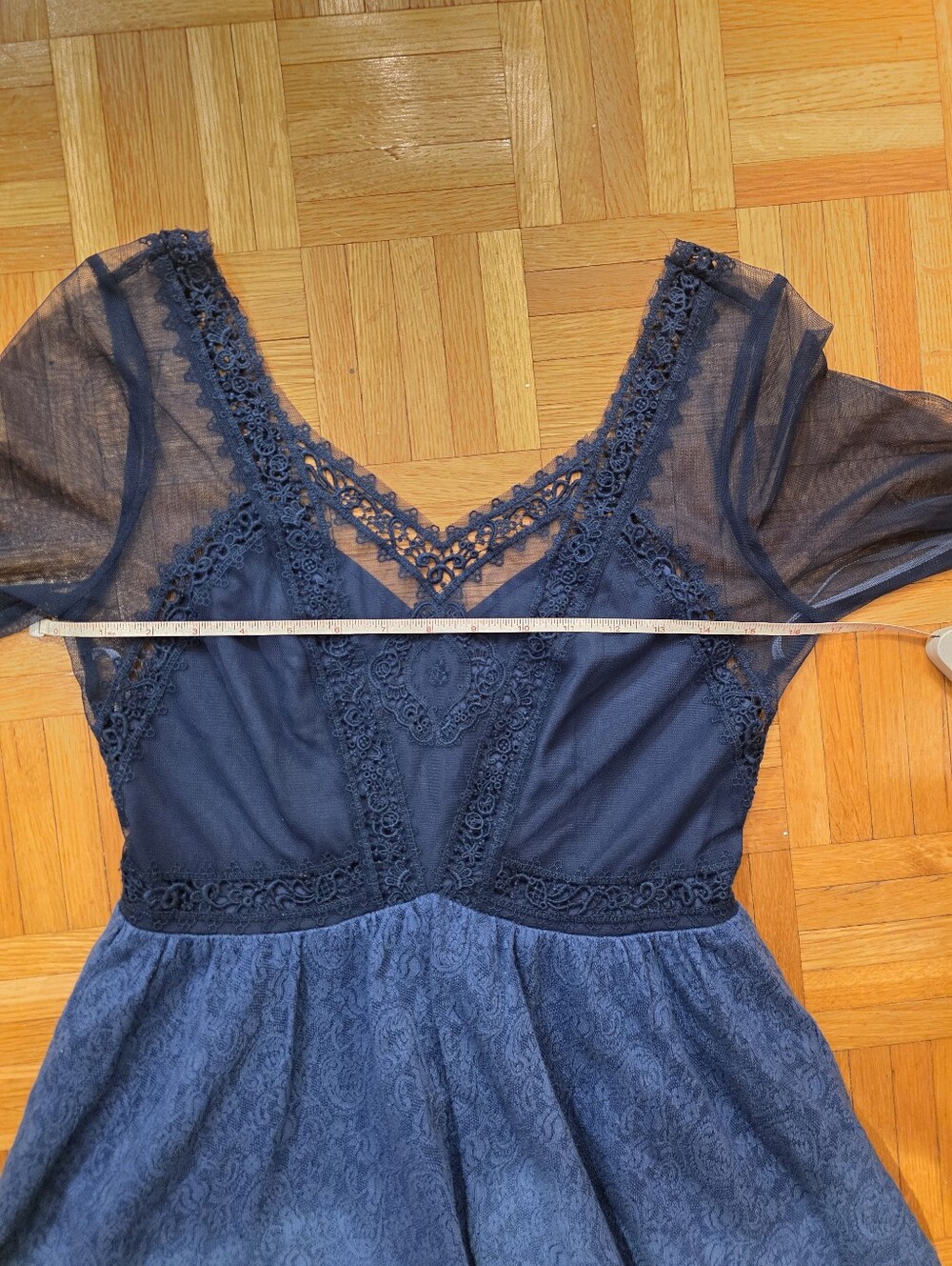 Free People Blue Lace Victorian Fit-and-Flare Dress with Sheer Sleeves - Picture 11 of 14